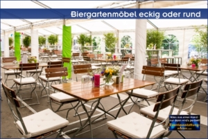 Biergartentische eckig und Klapptische mit cremefarbenen Sitzpolster und bunter Tischdekoration. Biergartentische eckig und Klapptische mit cremefarbenen Sitzpolster und bunter Tischdekoration.
