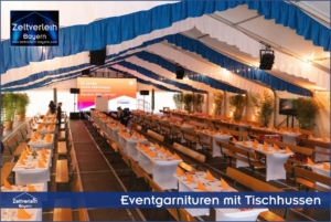 Exklusives Festzelt mit weiß-blauer Dekoration, Mietpflanzen, Bierzeltgarnituren mit Lehnen + weißes Stretch-Tischhussen, Veranstaltungstechnik Licht, Ton, LED-Wand