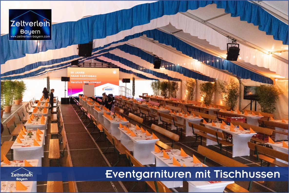 Exklusives Festzelt mit weiß-blauer Dekoration, Mietpflanzen, Bierzeltgarnituren mit Lehnen + weißes Stretch-Tischhussen, Veranstaltungstechnik Licht, Ton, LED-Wand