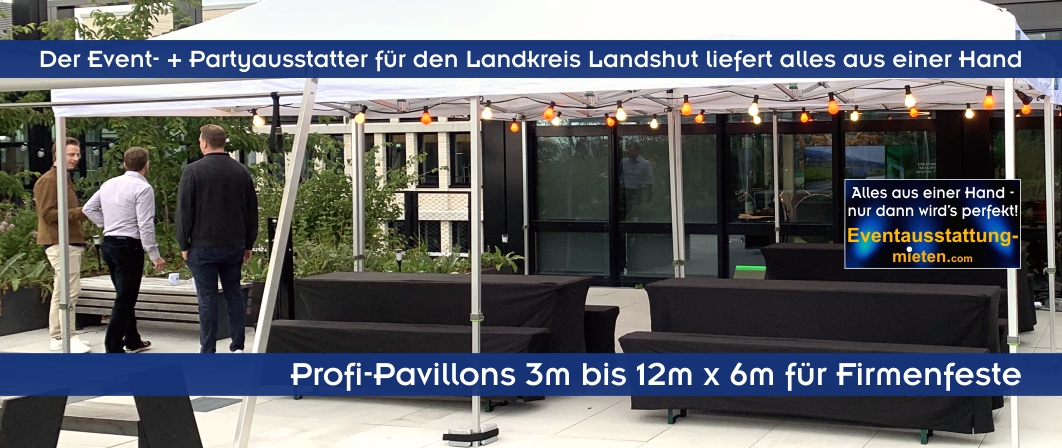 Faltzelt Pavillon für Firmen-Sommerfest mit Lichterkette und 2 Bierzeltgarnituren