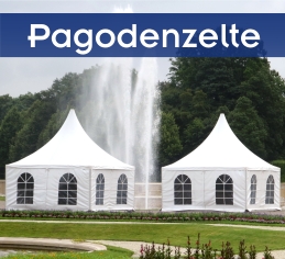 2 weiße Pagodenzelte mit Springbrunnen