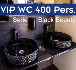 VIP-Toilettenanhänger schwarz für 400 Pers. mieten Landshut 2 schwarze Desginer-Waschbecken im VIP-Toilettenanhänger für 400 Personen